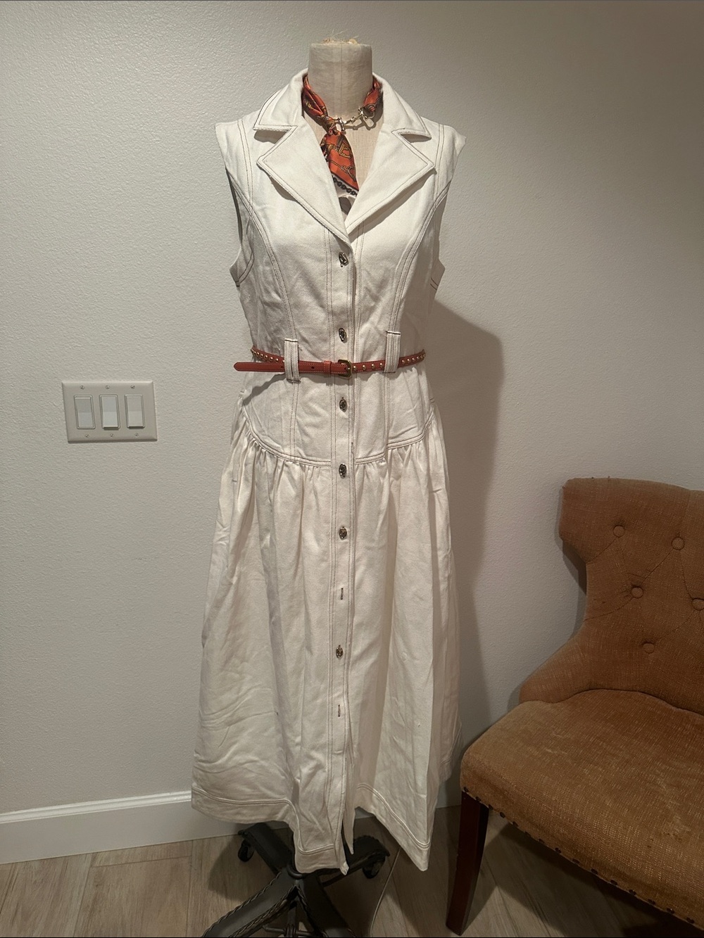 NWOT Sleeveless White Button-Front Denim Maxi Dress